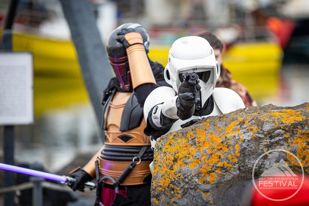 A stormtrooper taking cover