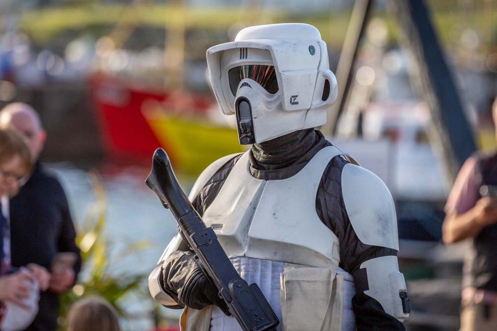 A closeup shot of a storm trooper