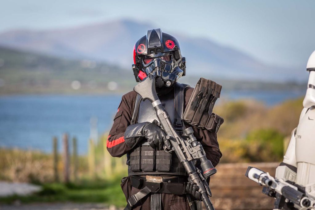 A stormtrooper with a gun and black armour